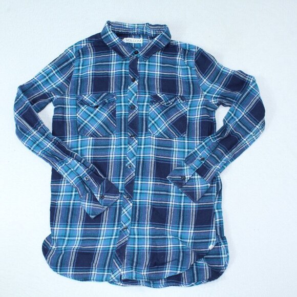 Volcom Women Blue Plaid Button Down Tee Shirt Long Sleeve Size XS - Picture 1 of 7